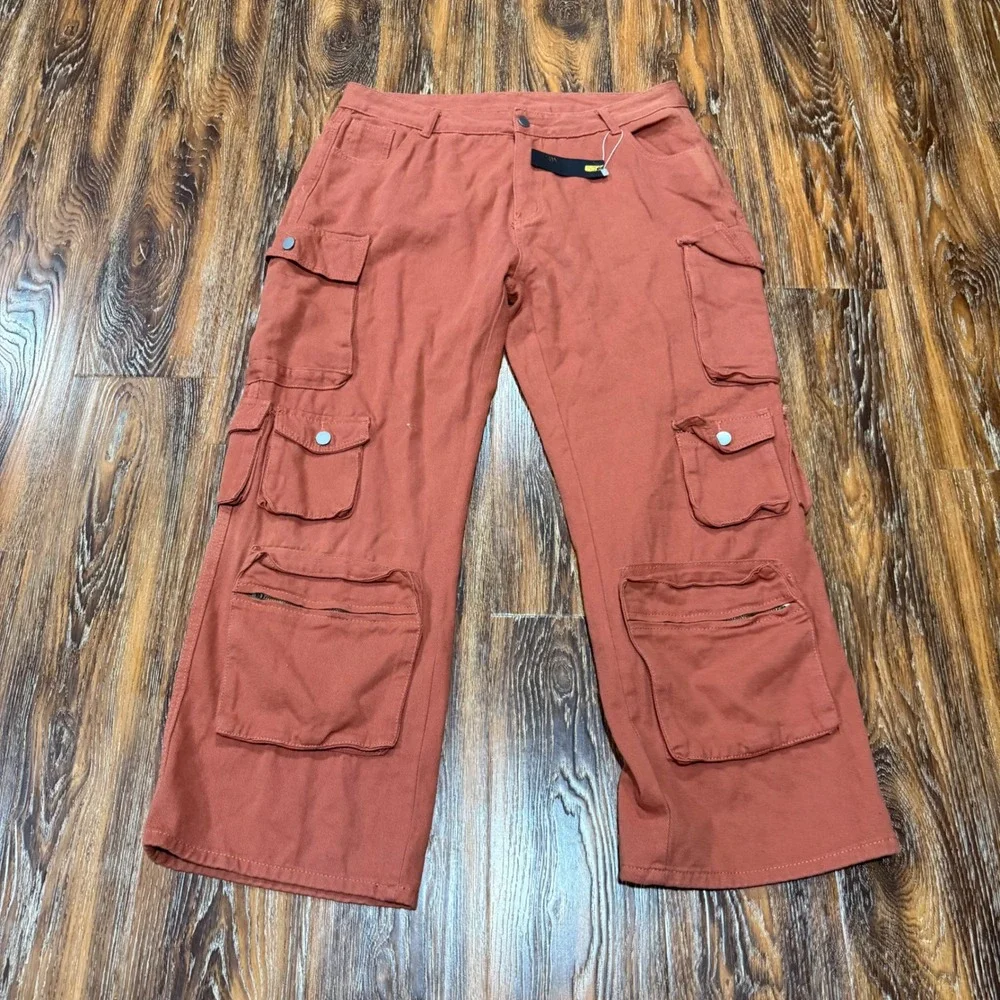 NVFelix 1XL Cargo Pants Women Brown Wide Leg Multi Pocket Utility Denim 36X29